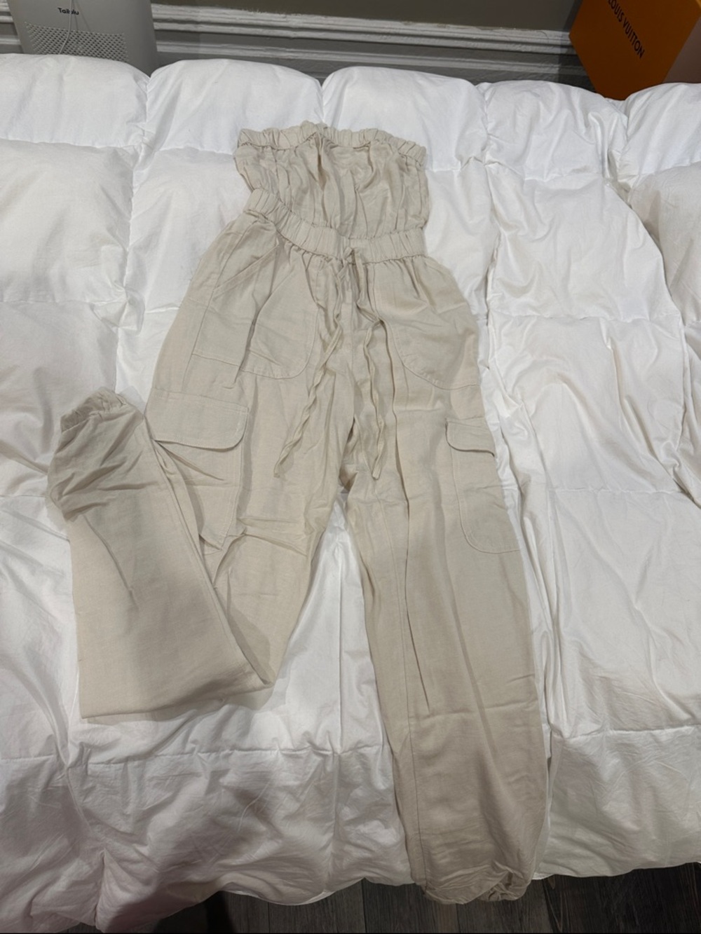 Women’s High-Waist Cargo Jumpsuit in Beige